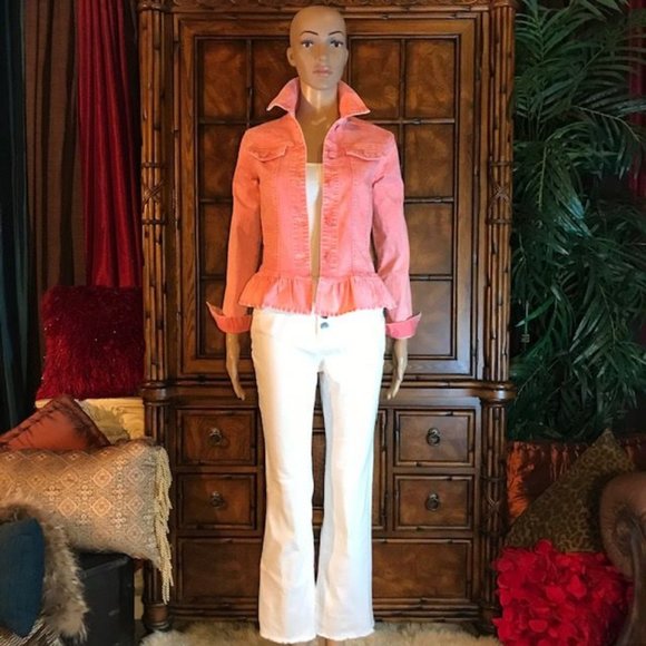 DG2 Snow Wash Ruffle Hem Stretch Denim Jacket - Picture 4 of 14